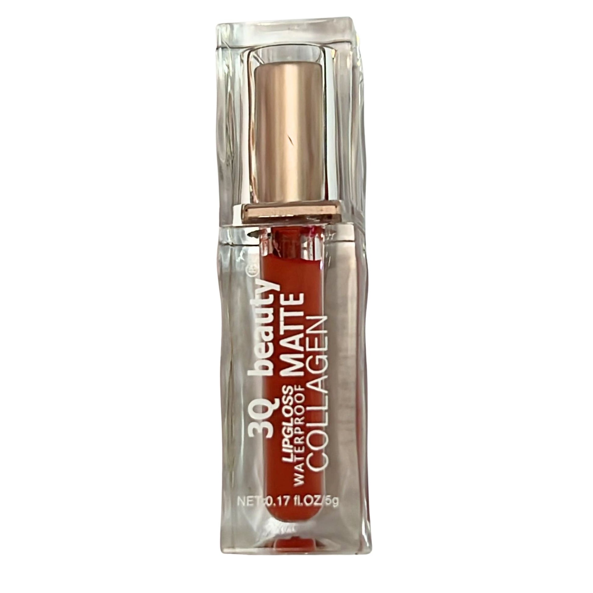 Lip gloss with gold cap and clear container on a white background
