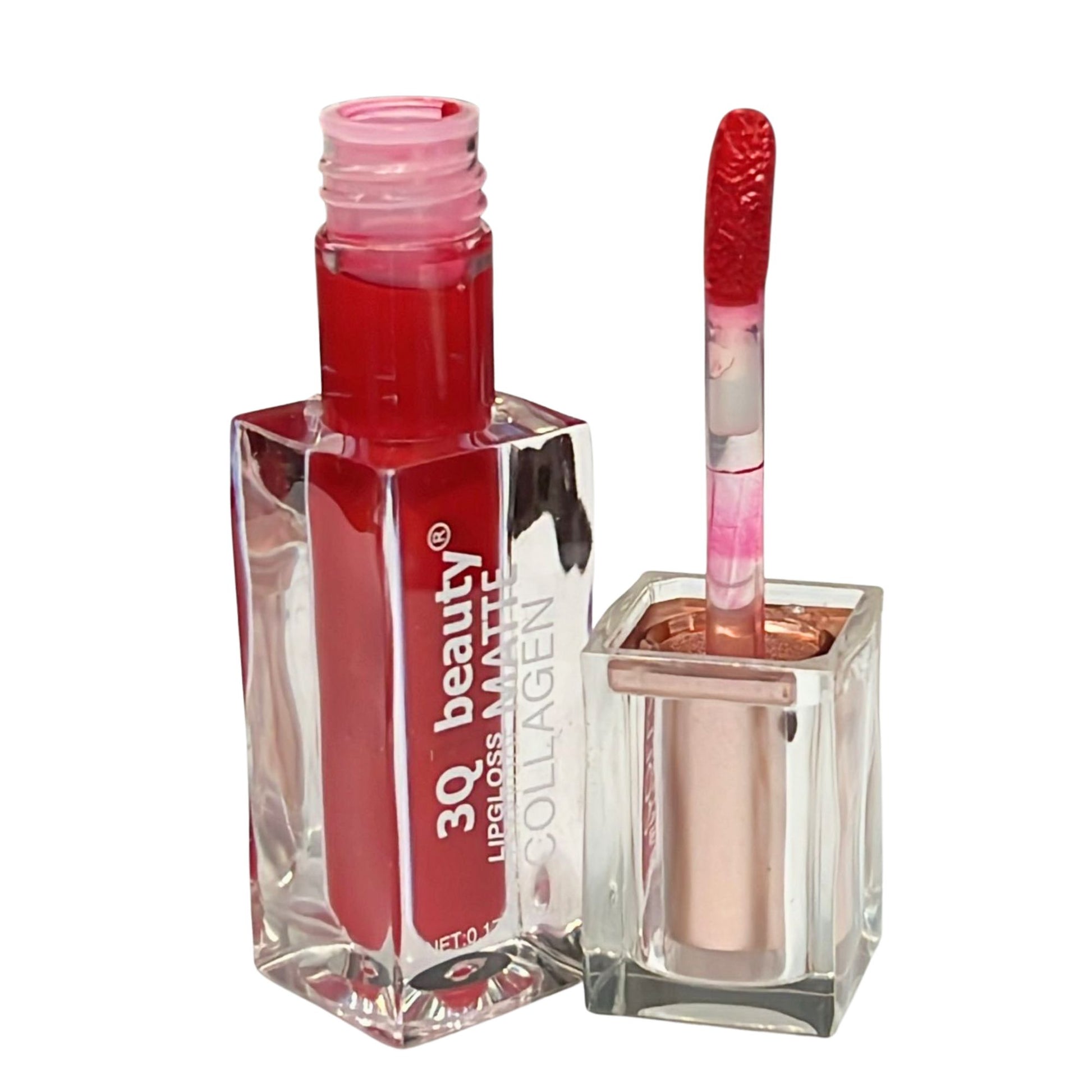 Lip gloss with applicator and container on a white background