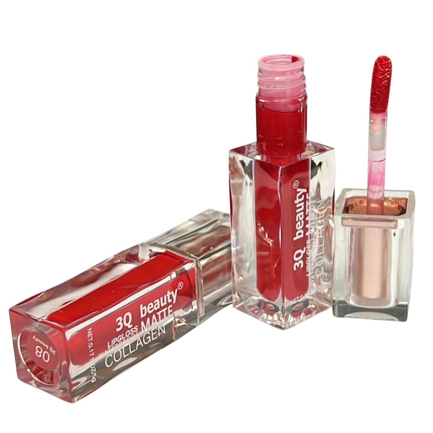 Red lip gloss with applicator and packaging on a white background