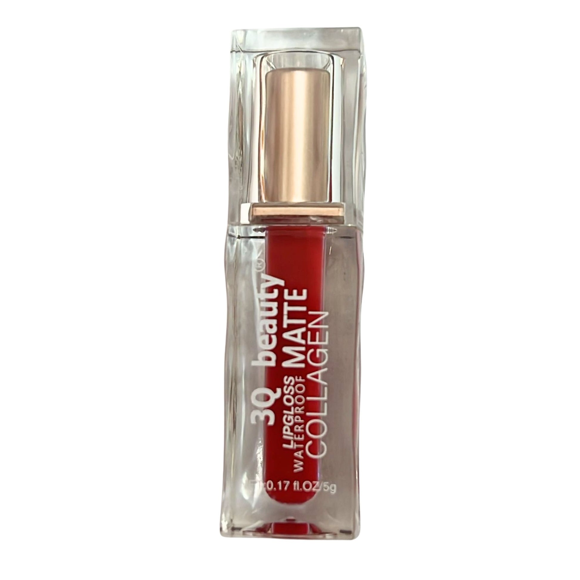 Lip gloss bottle with red liquid and gold cap on a white background
