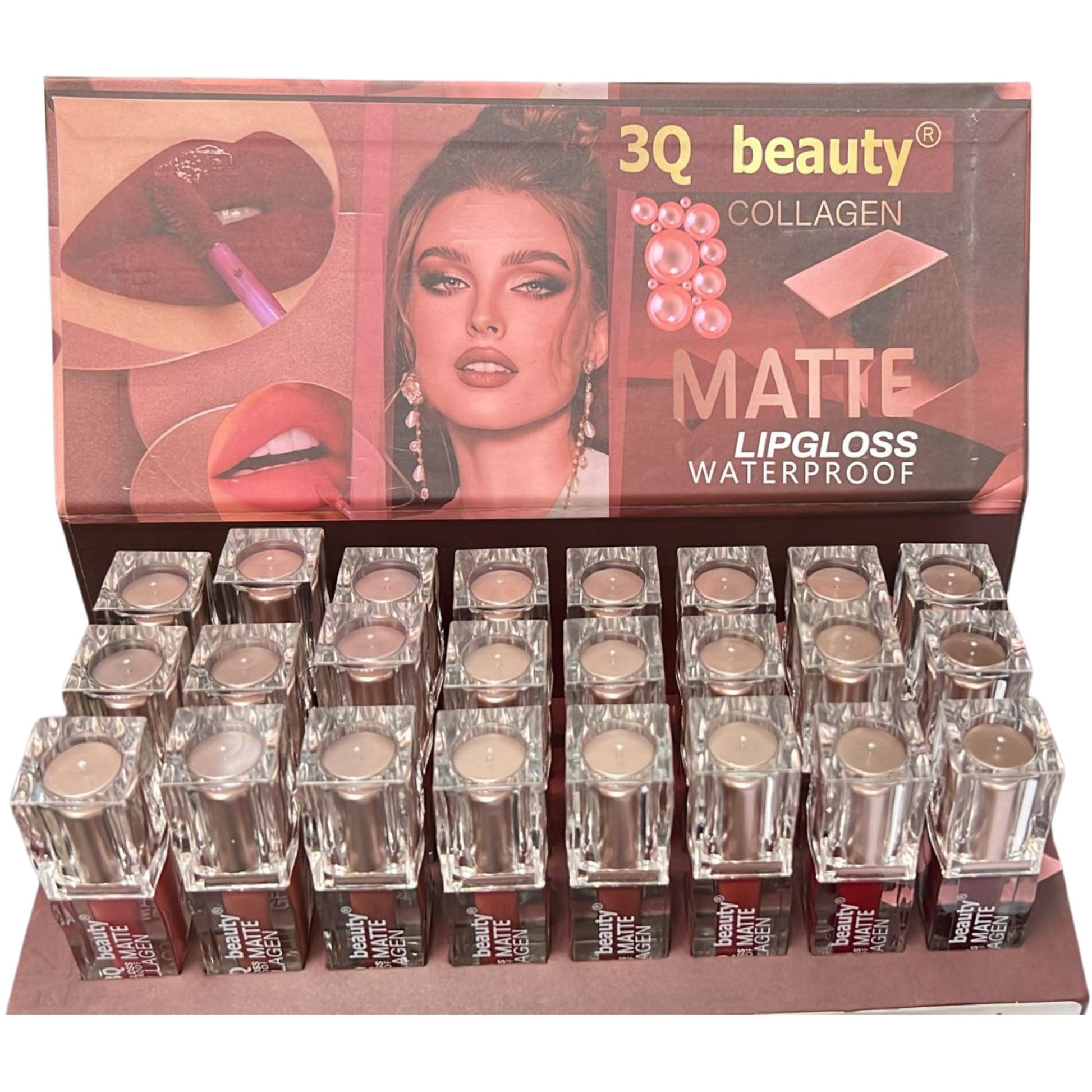 Display of 3Q beauty collagen matte lipgloss waterproof with a promotional box.