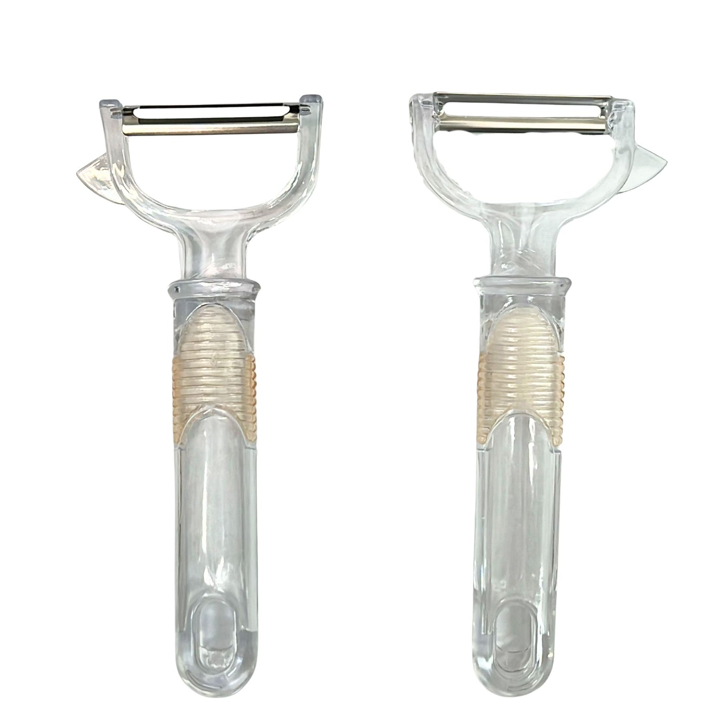 Two clear peeler tools with metal blades on a white background