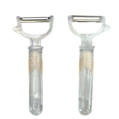Two clear peeler tools with metal blades on a white background