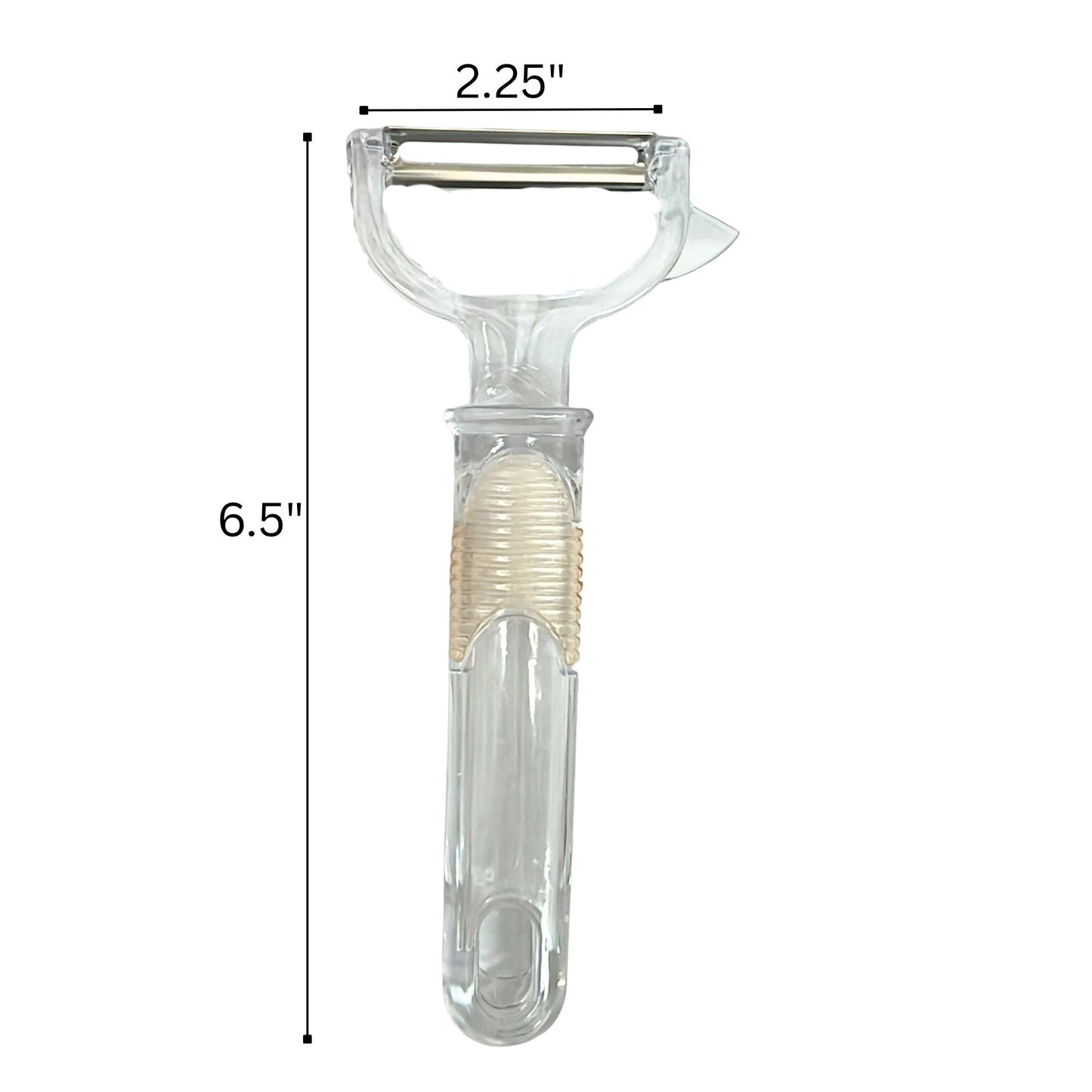 Clear peeler with measurements on a white background