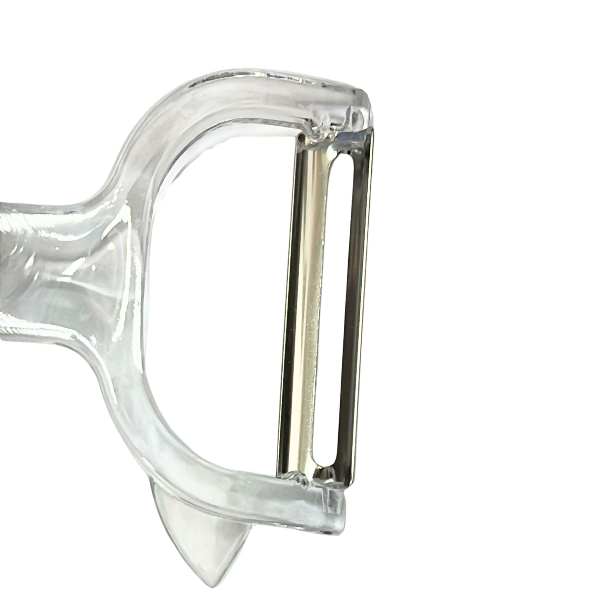 Clear plastic peeler on a white background