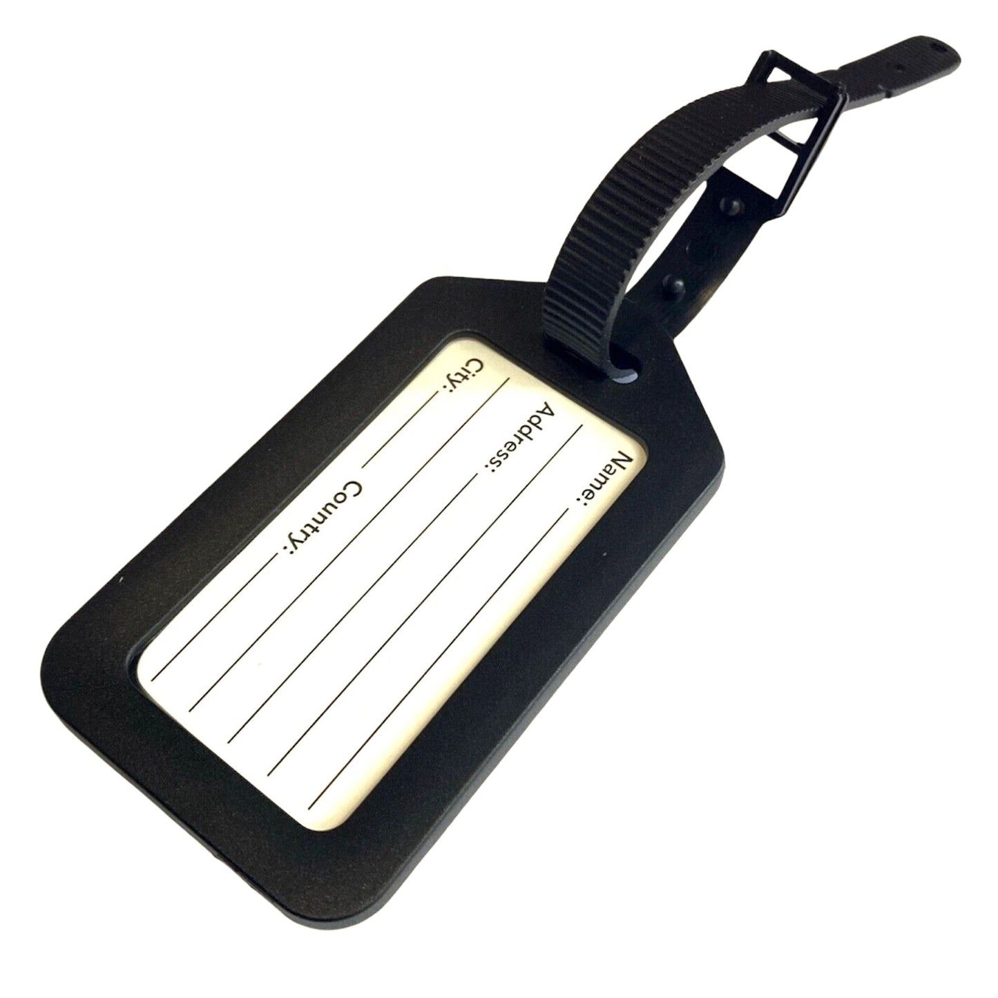 Black luggage tag with white label on a white background