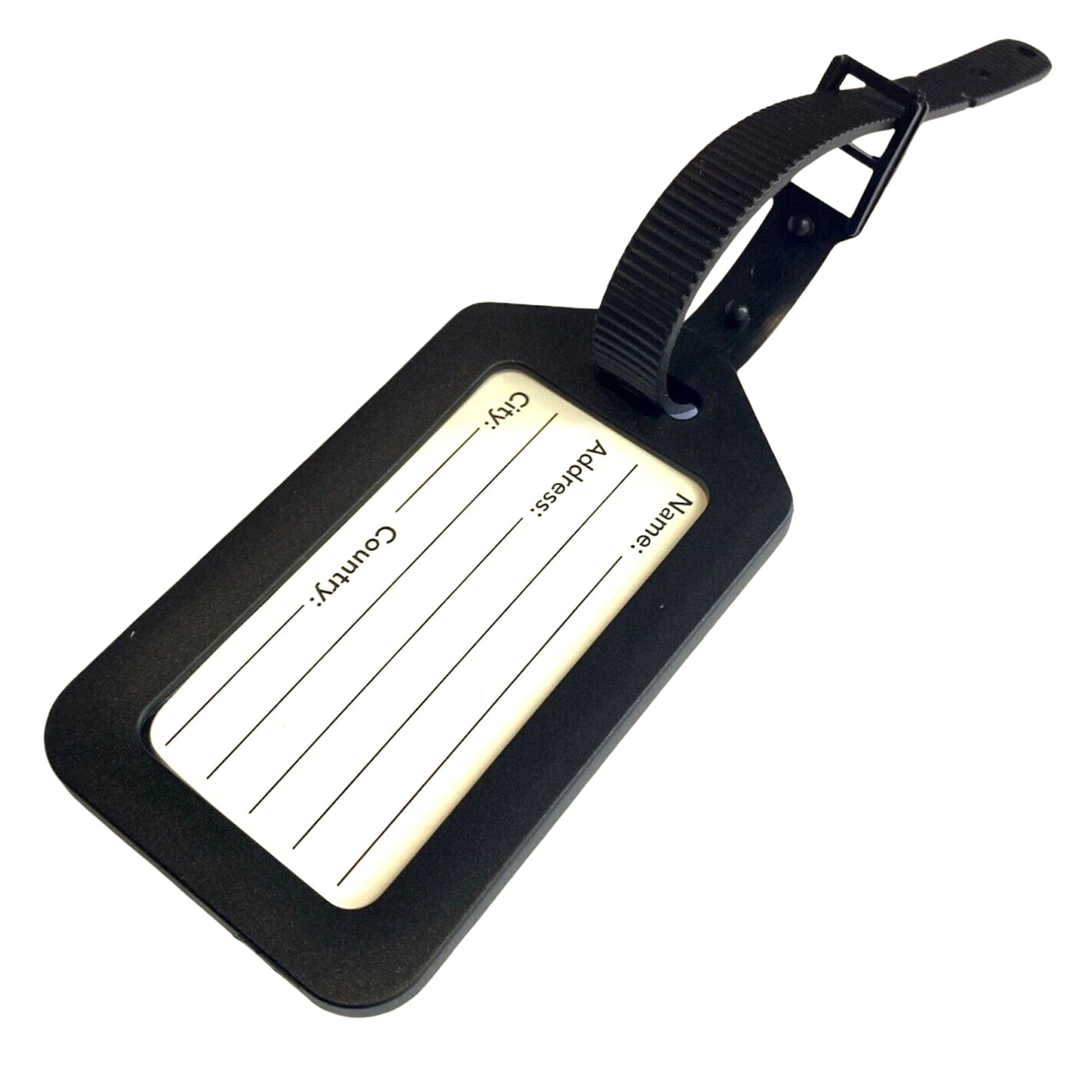 Black luggage tag with white label on a white background