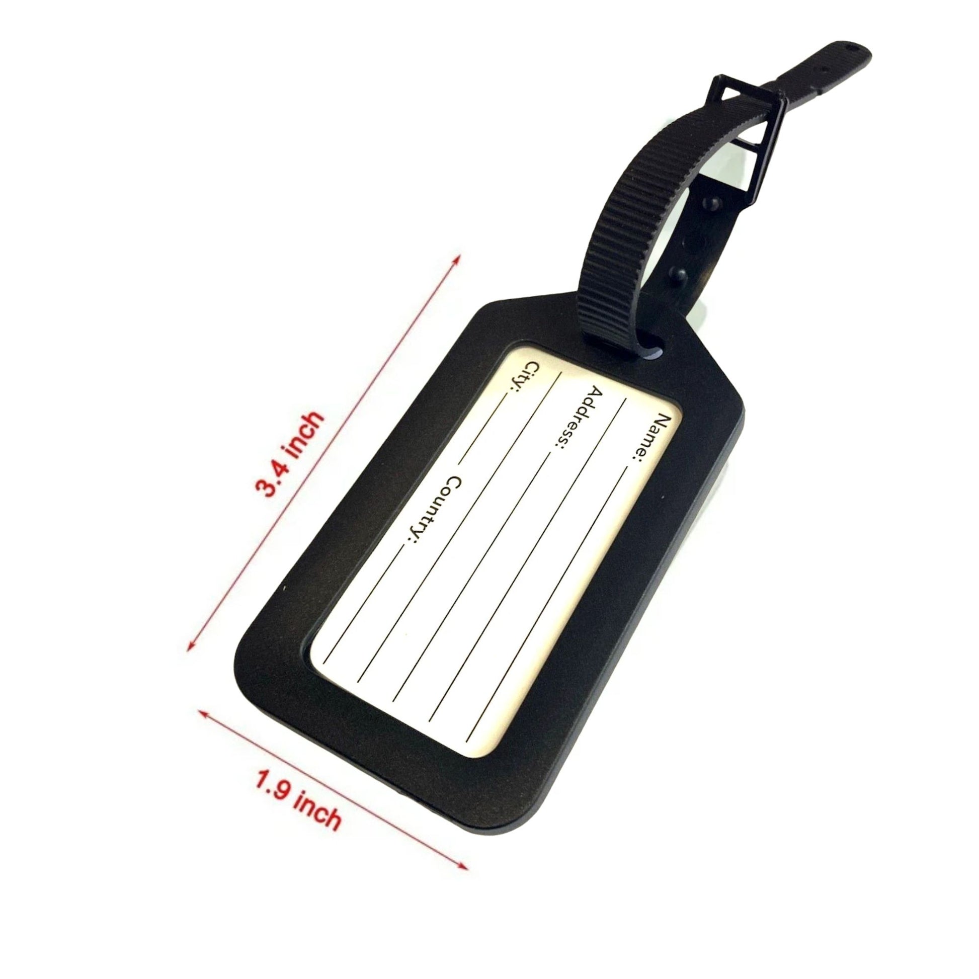 Black luggage tag with dimensions on a white background