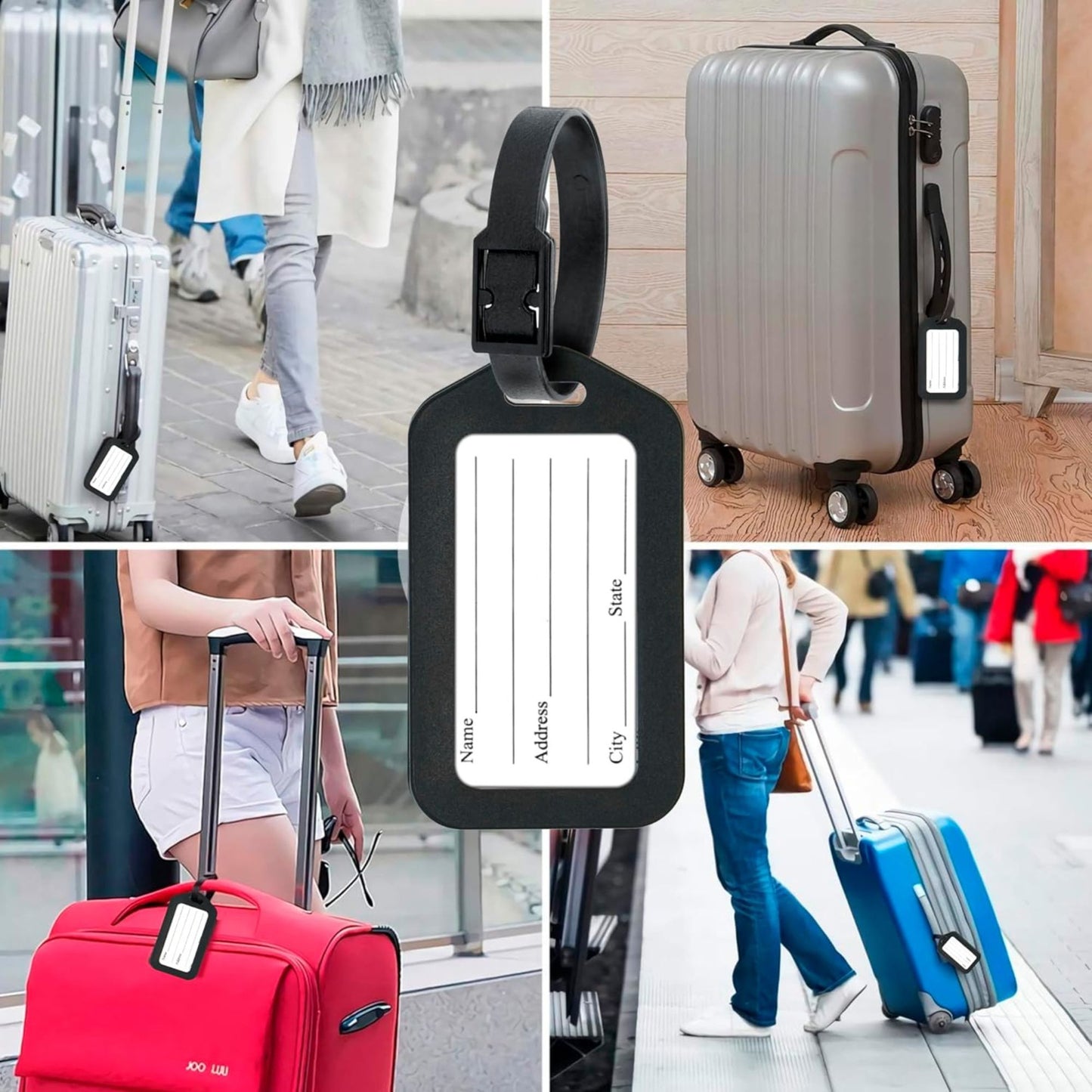 Collage of people with suitcases and a luggage tag, with a focus on travel and luggage.
