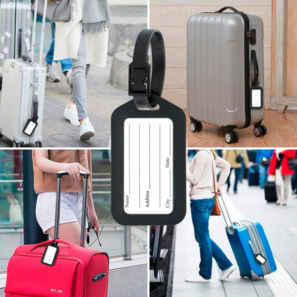Collage of people with suitcases and a luggage tag, with a focus on travel and luggage.