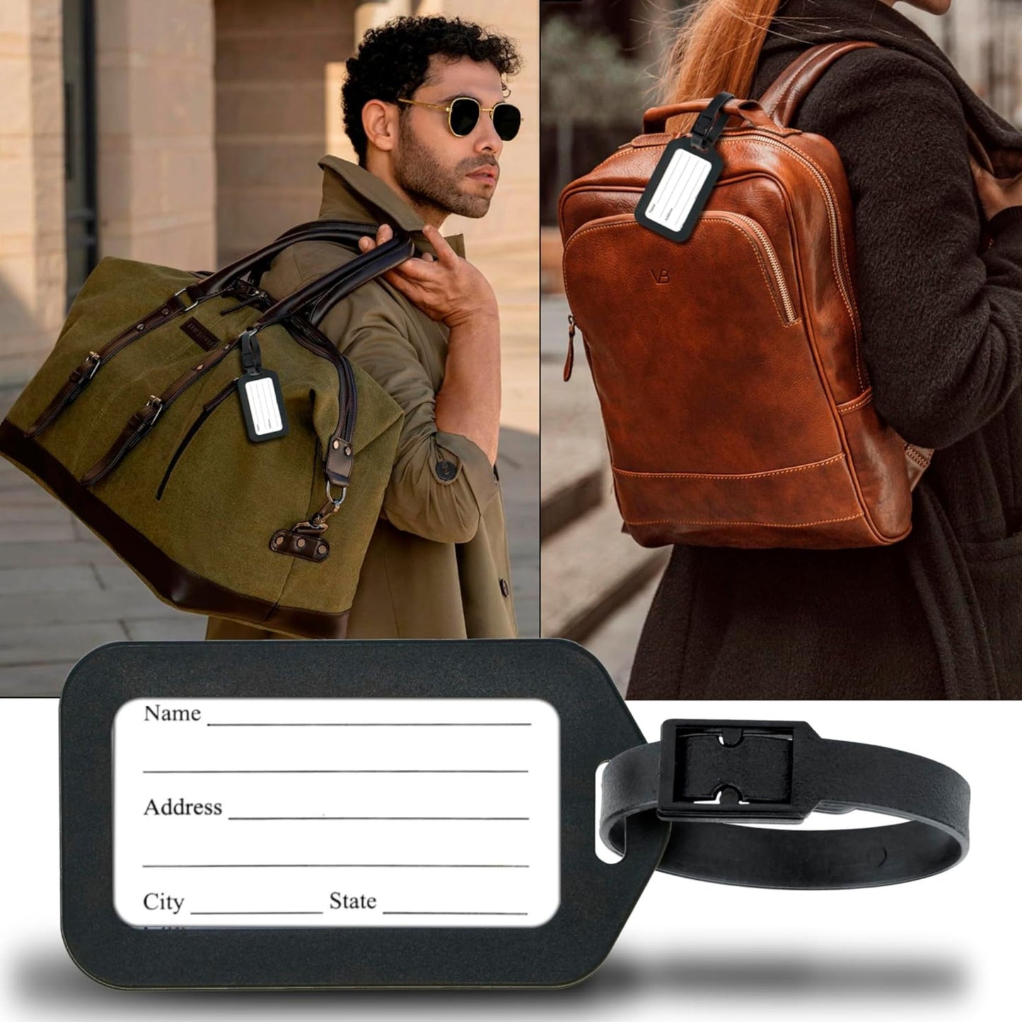 Collage of people with bags and a close-up of a luggage tag.