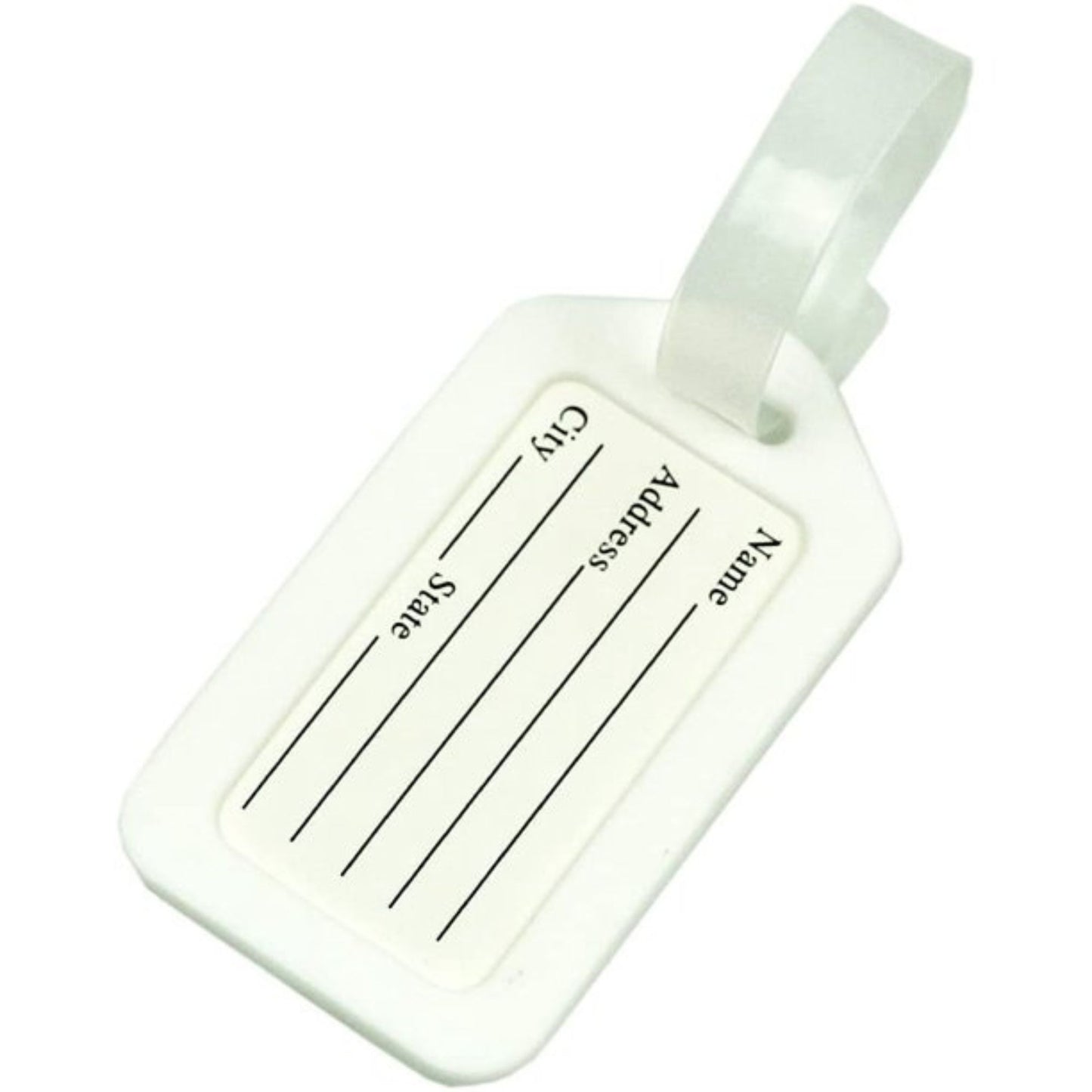 White luggage tag with black text fields on a white background