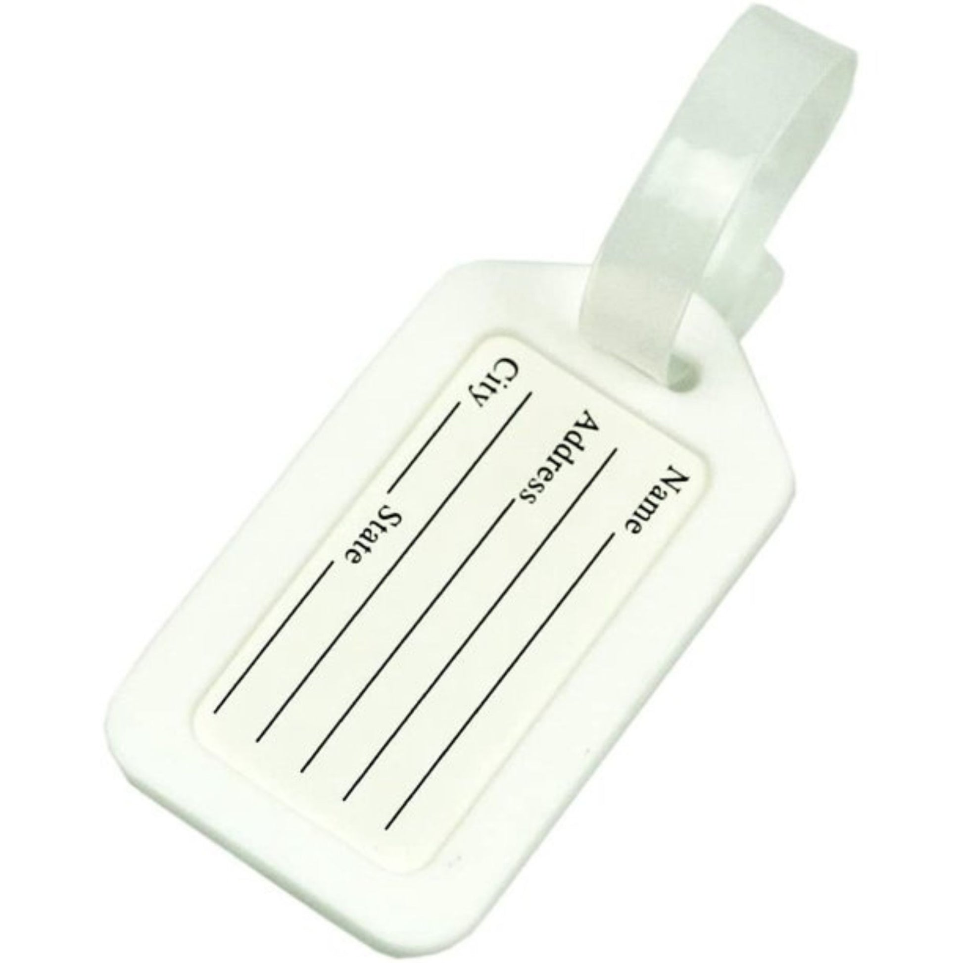 White luggage tag with black text fields on a white background