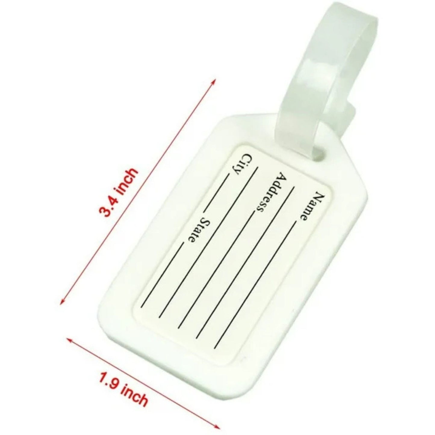White luggage tag with black text and measurements on a white background