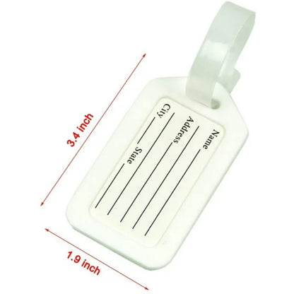 White luggage tag with black text and measurements on a white background
