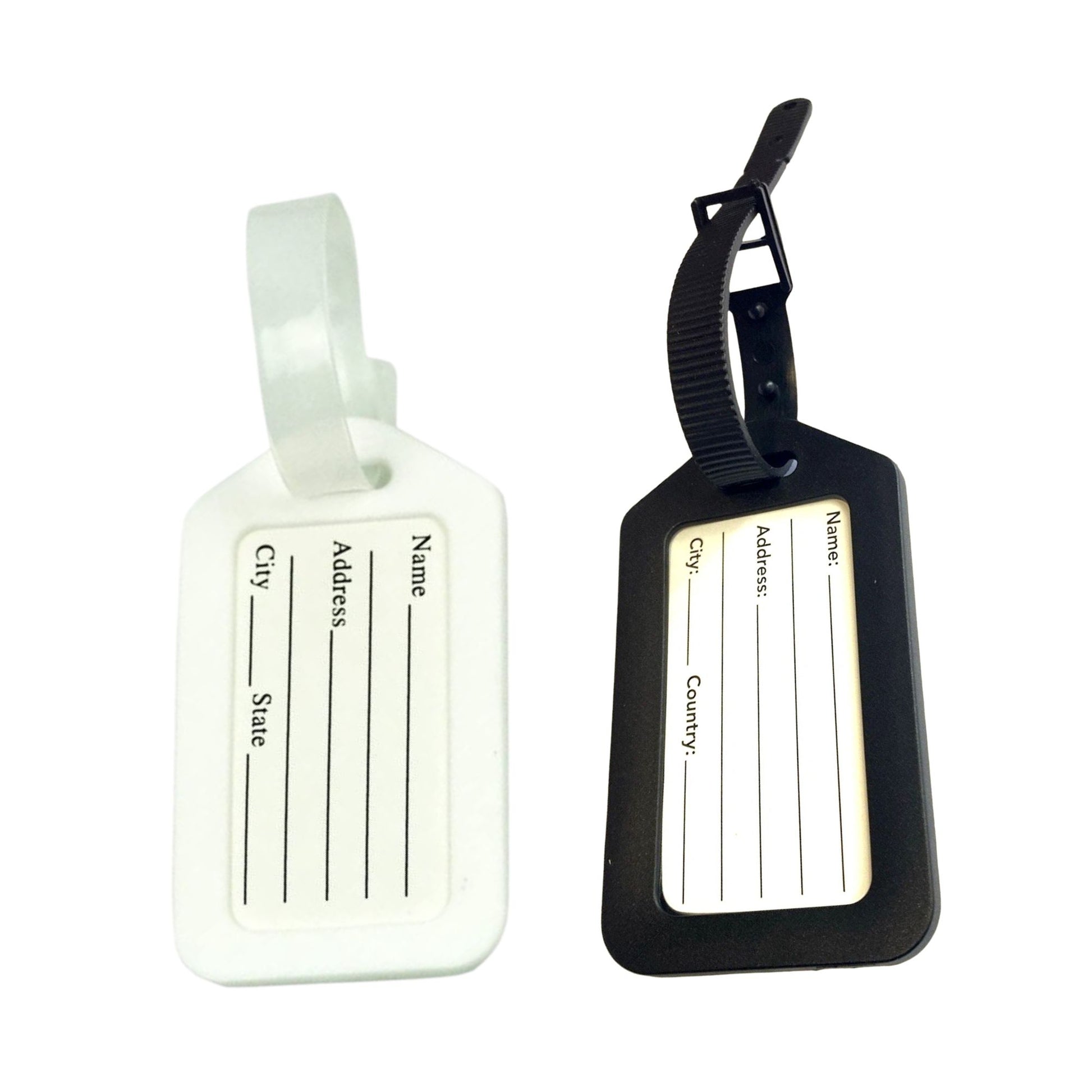 Two luggage tags, one white and one black, with text fields for name, address, city, state, country.