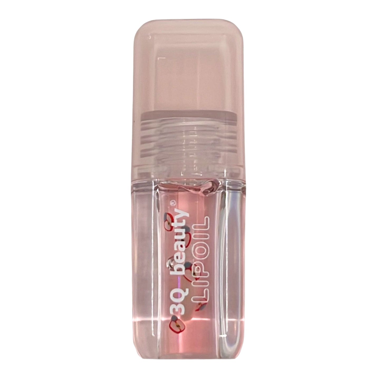 Clear lip oil bottle with pink cap on a white background
