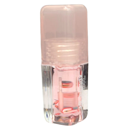 Clear nail polish bottle with pink cap on a white background