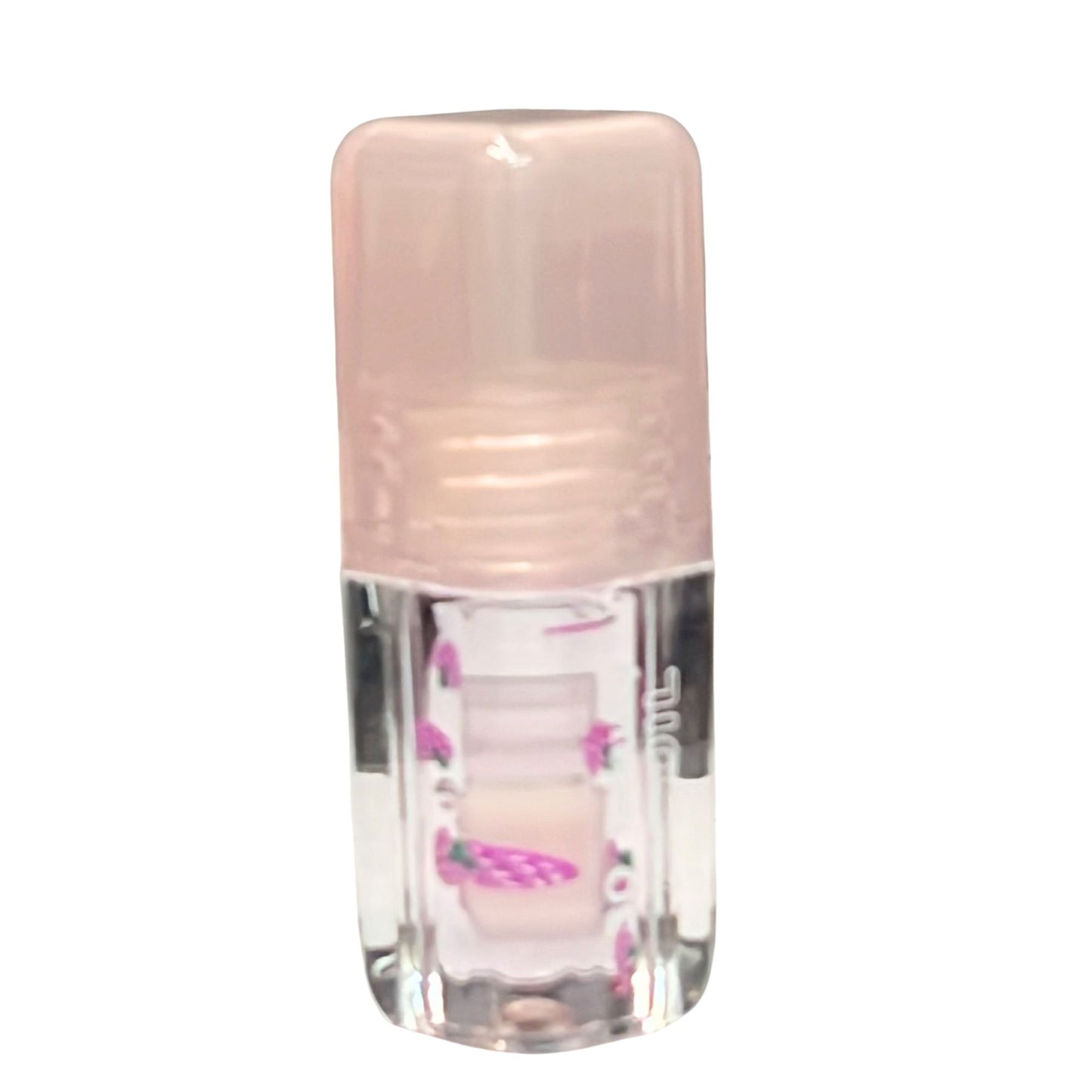 Clear nail polish bottle with pink cap on a white background