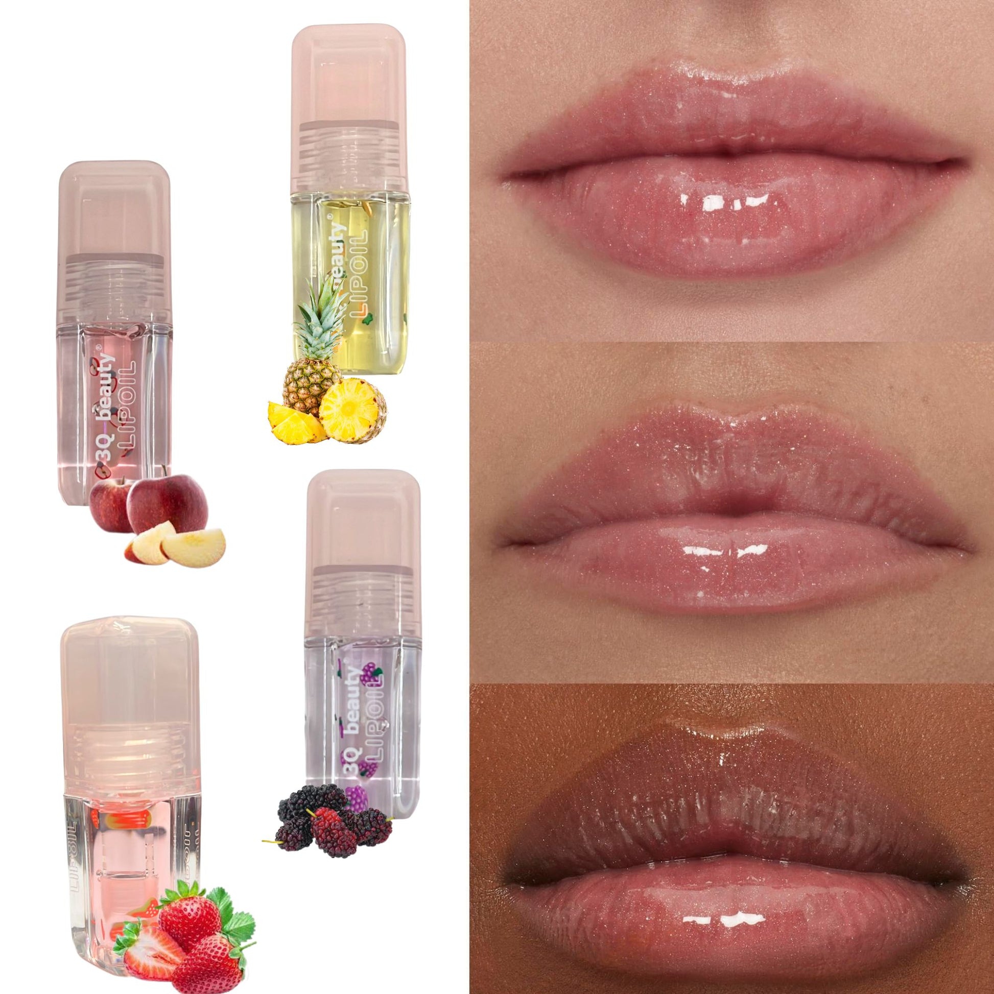 Collage of lip balm packaging with close-up shots of glossy lips.