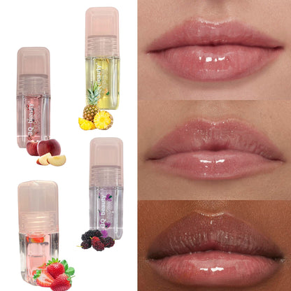 Collage of lip balm packaging with close-up shots of glossy lips.