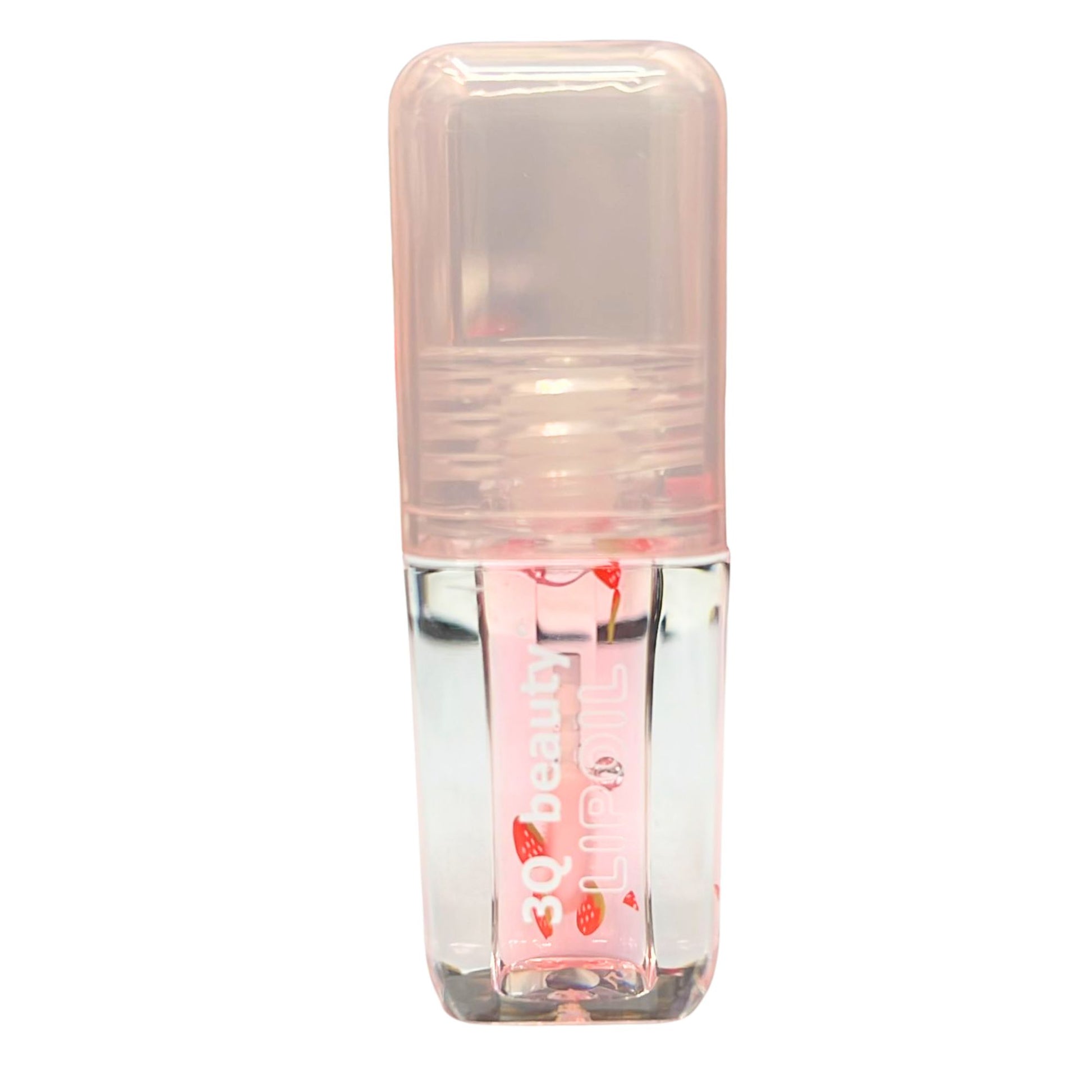 Clear nail polish bottle with pink cap on a white background