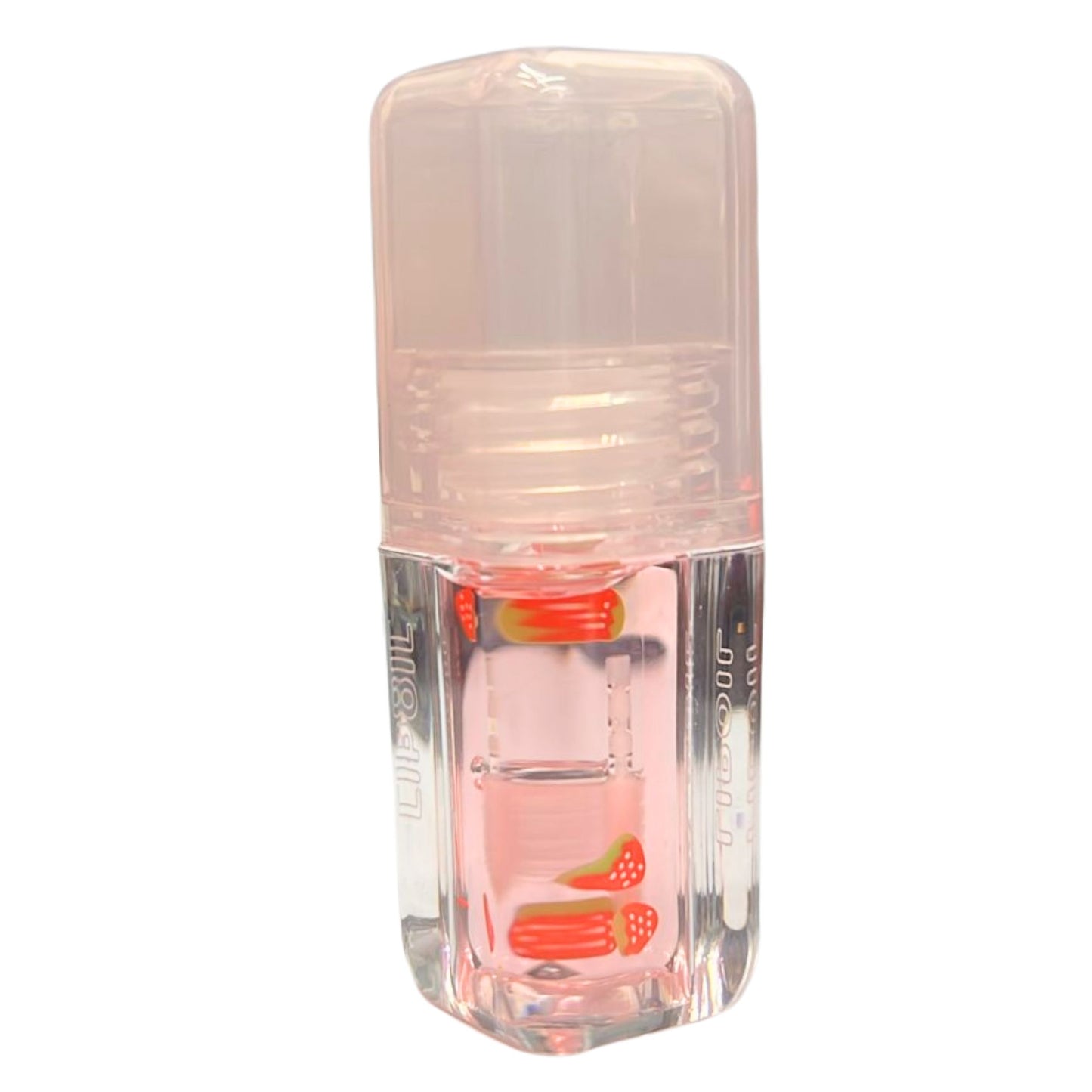 Clear nail polish bottle with colorful design on a white background