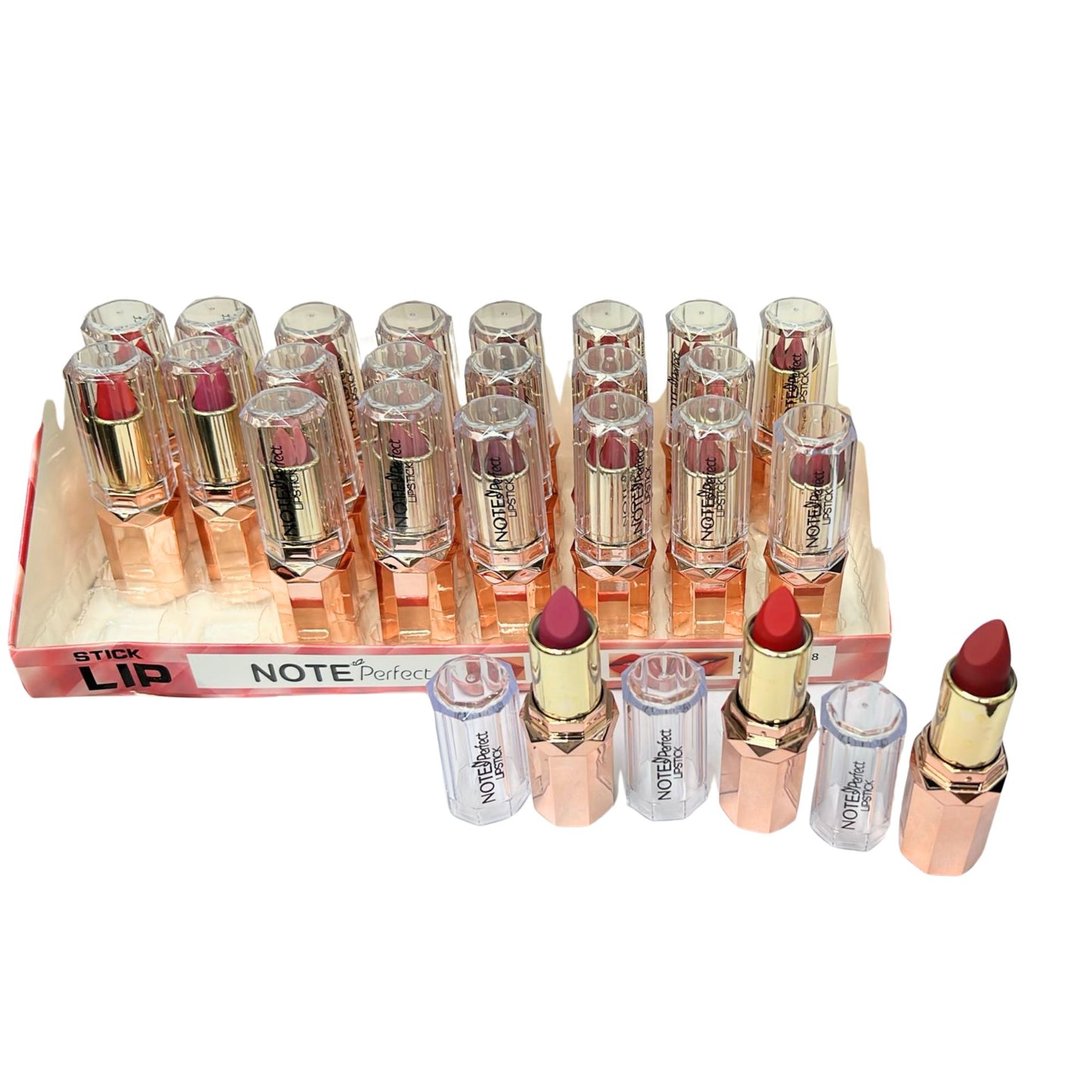 Set of lipsticks with visible brand name on a white background