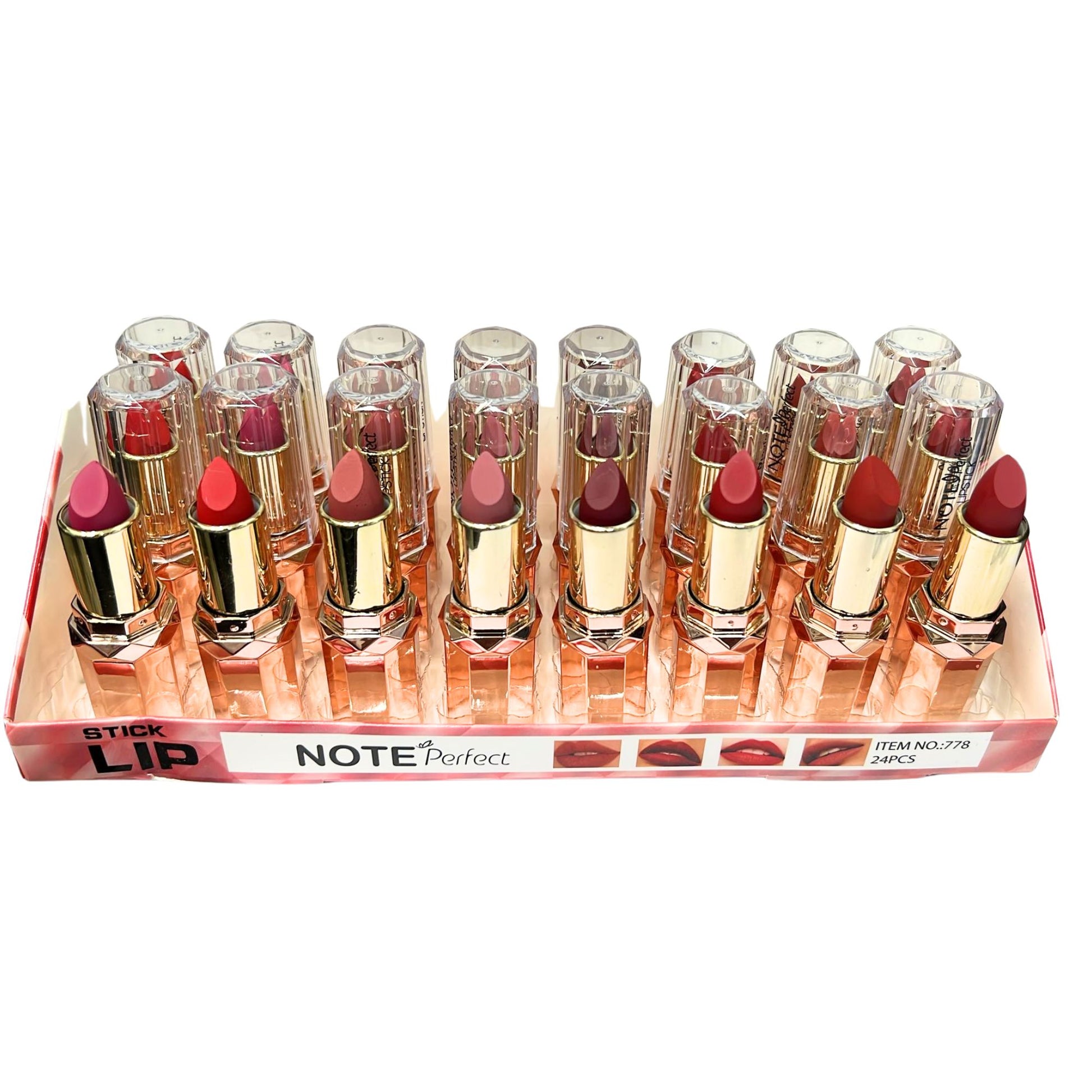 Set of lipsticks in a display case with 'Note Perfect' branding on a white background
