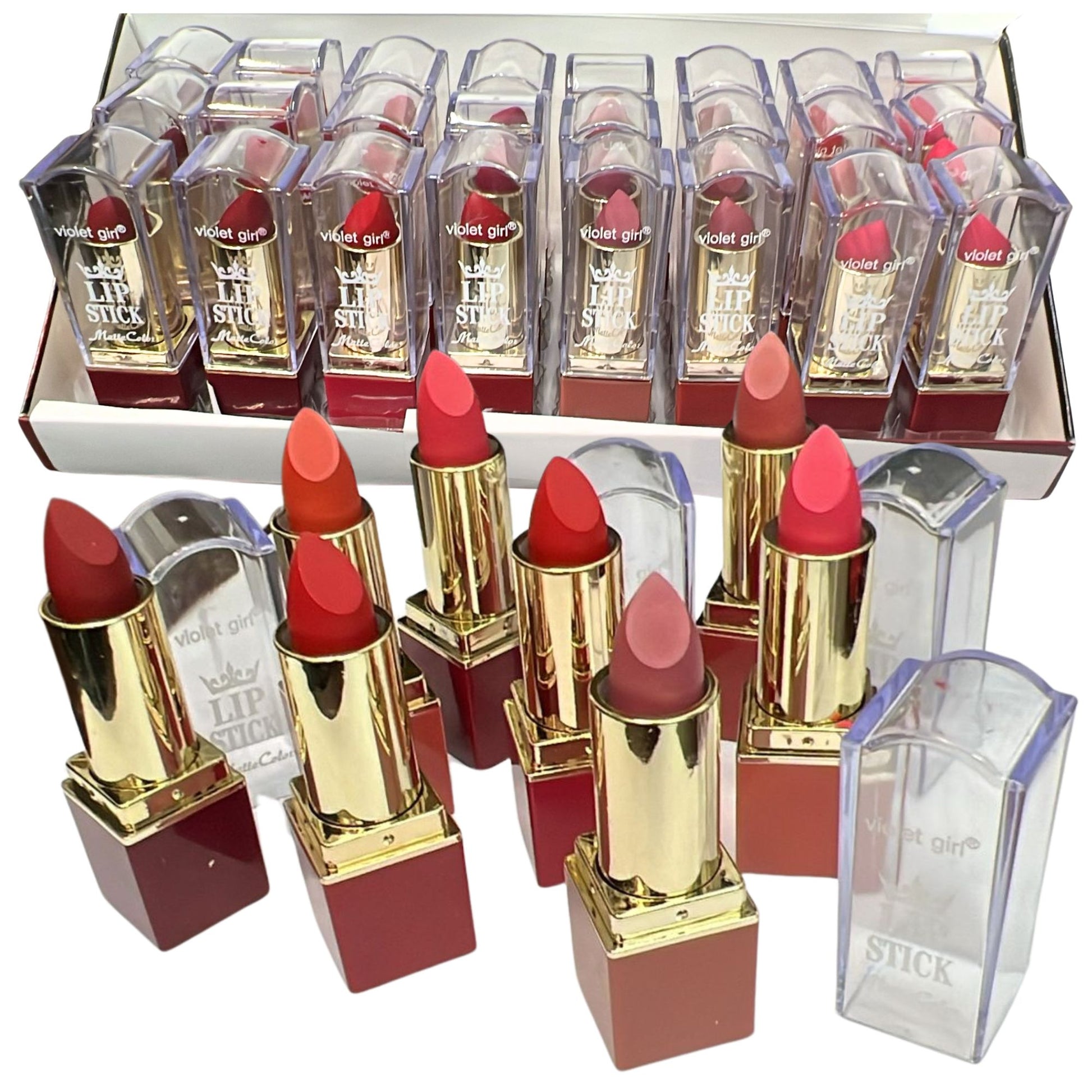 Set of lipsticks with gold and red accents in a display box.