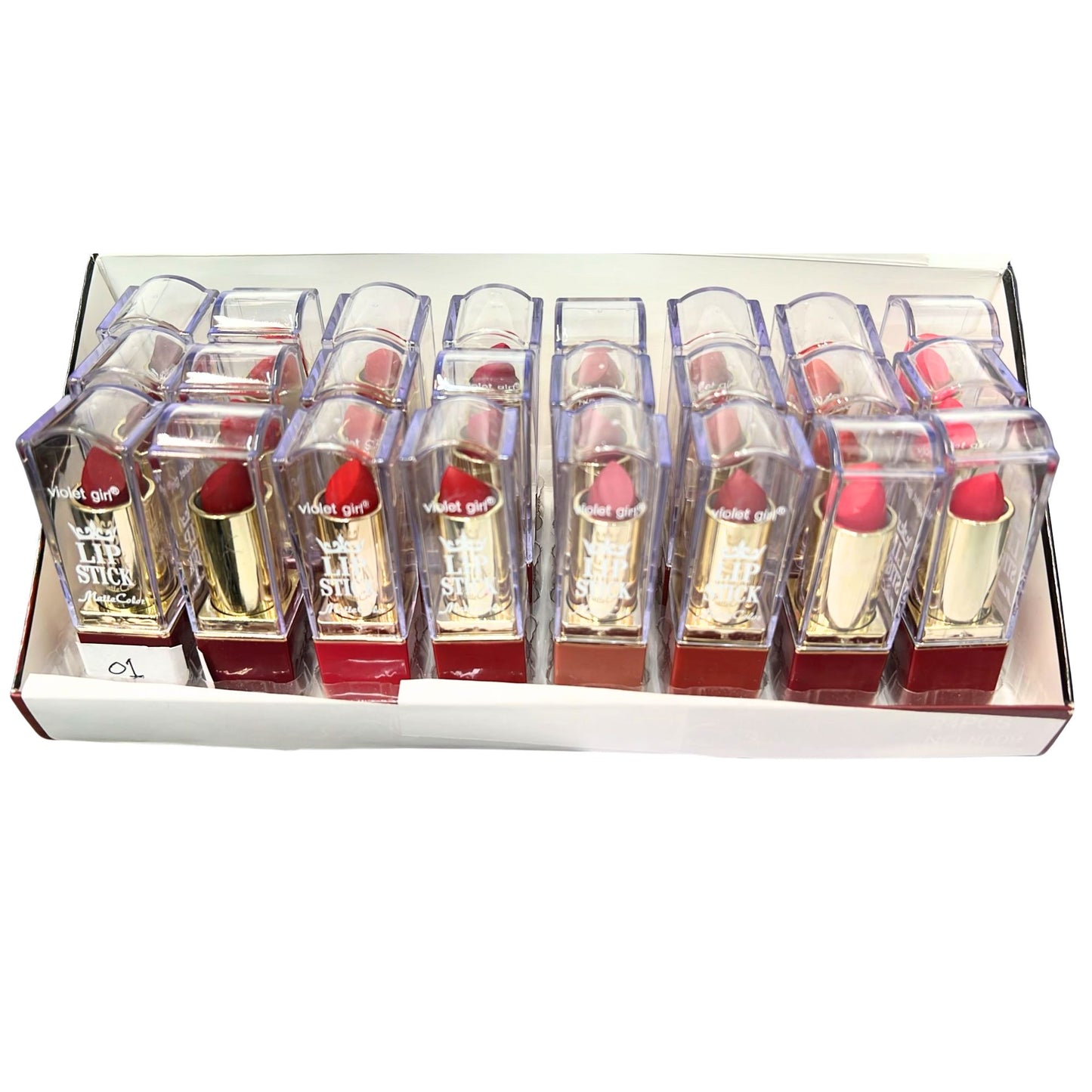 Set of lipsticks in clear cases on a white background