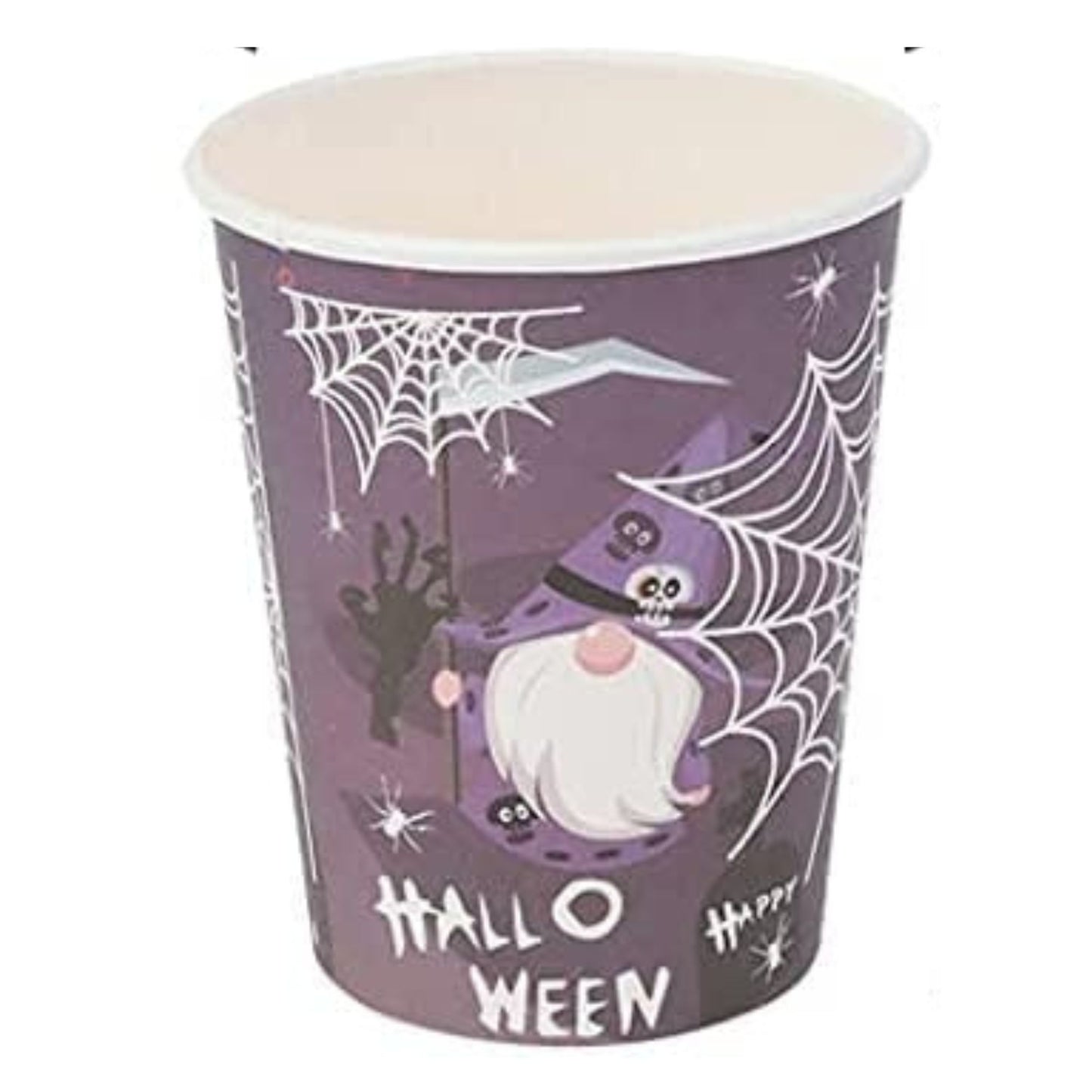 Halloween-themed paper cup with a purple background and cartoon character.