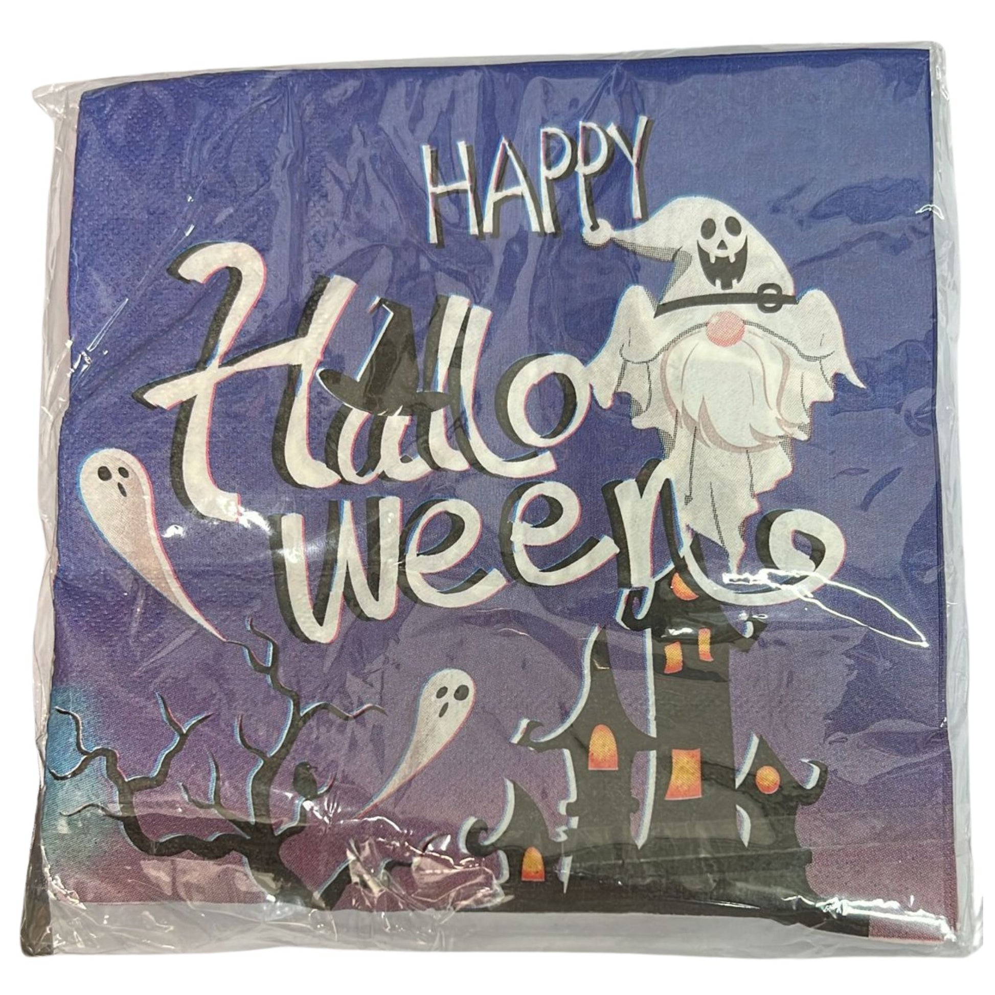 Halloween-themed product packaging with ghost and castle design on a purple background.