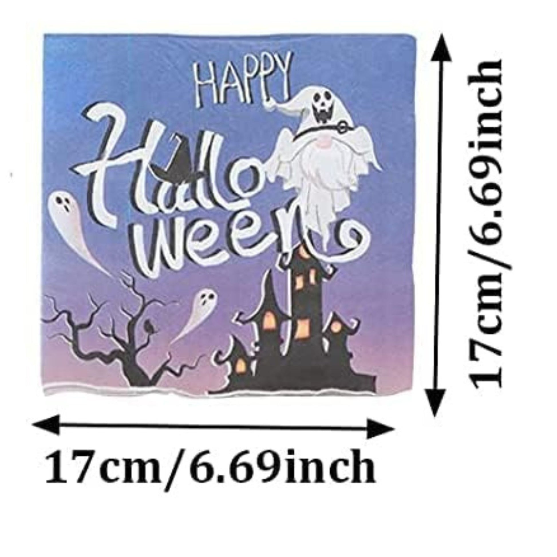 Halloween-themed product with text and graphics, including ghosts and a haunted house, on a blue and purple gradient background.