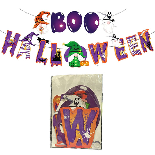 Halloween-themed decorative banner with cartoon characters and a small bag featuring a ghost design.