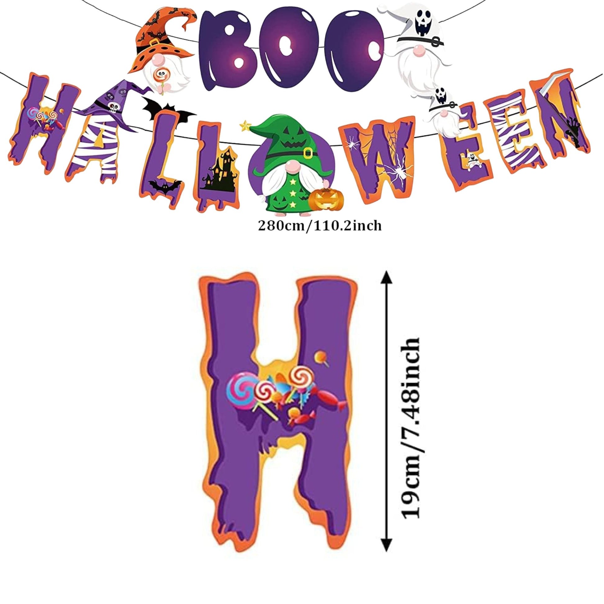 Halloween-themed banner with decorative letters on a white background