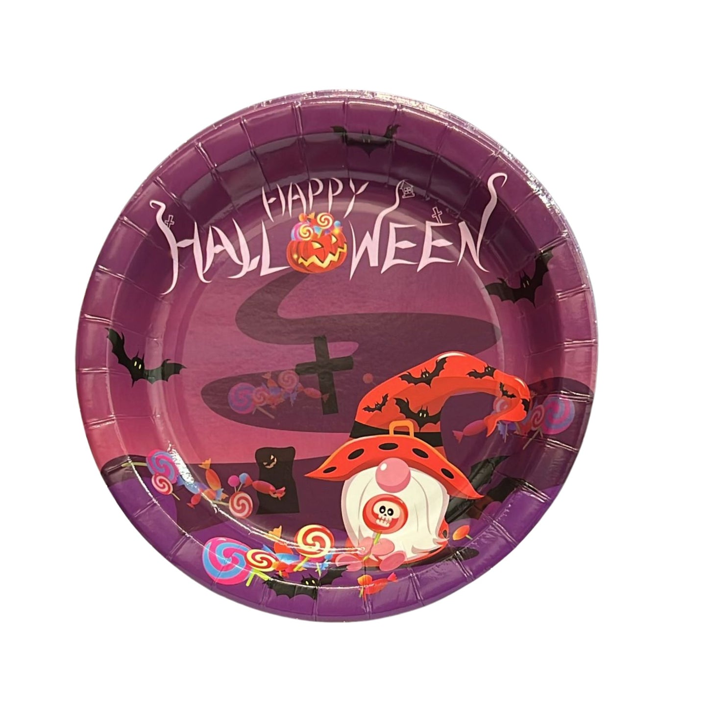 Halloween-themed paper plate with purple background, cartoon characters, and 'Happy Halloween' text.