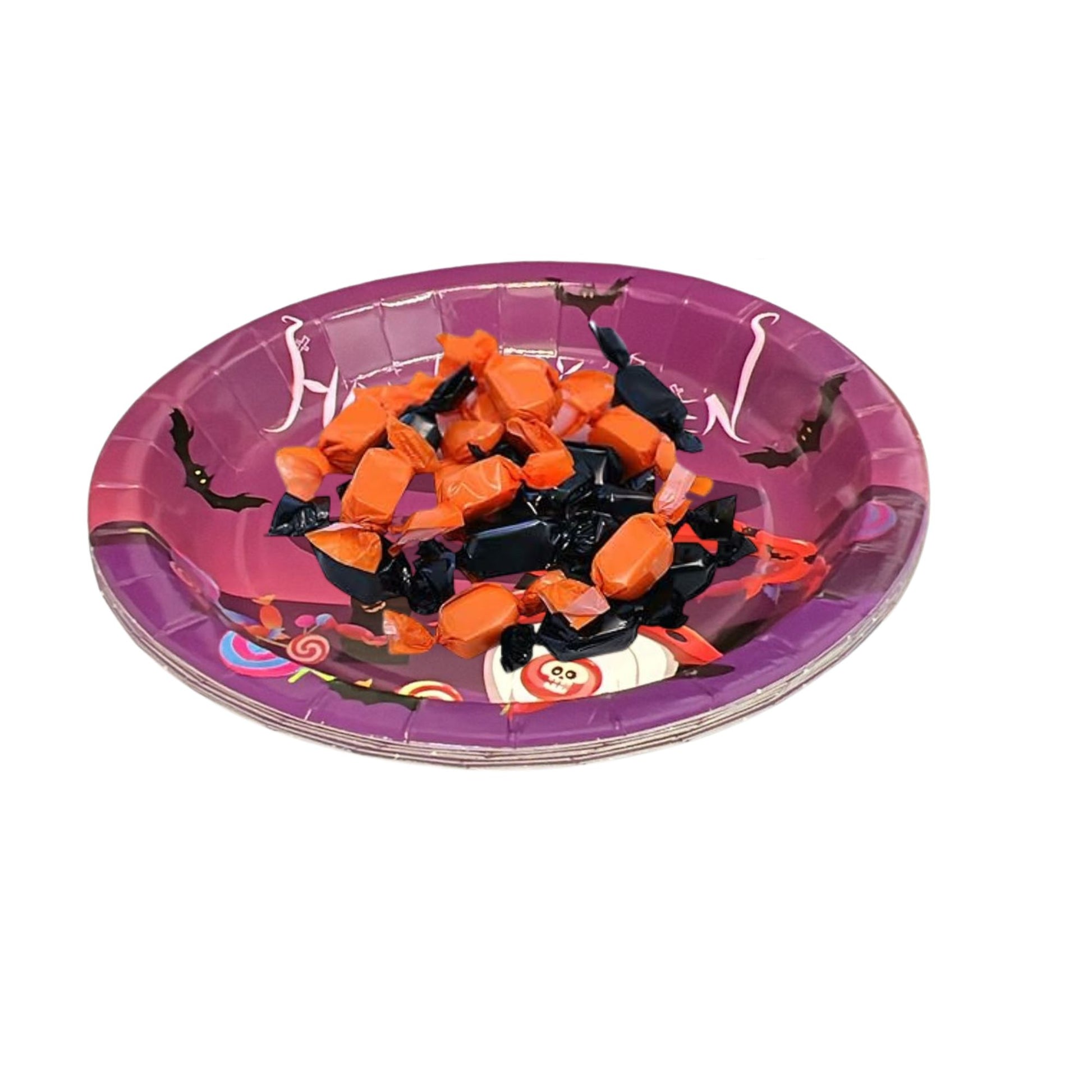 Halloween-themed paper plates with orange and black decorations on a white background