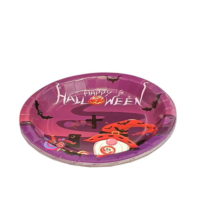 Halloween-themed paper plate with purple background and festive designs.