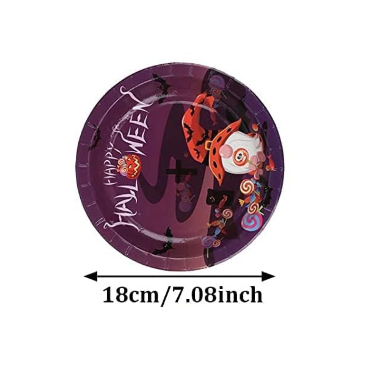 Halloween-themed paper plate with decorative design and measurement label on a white background