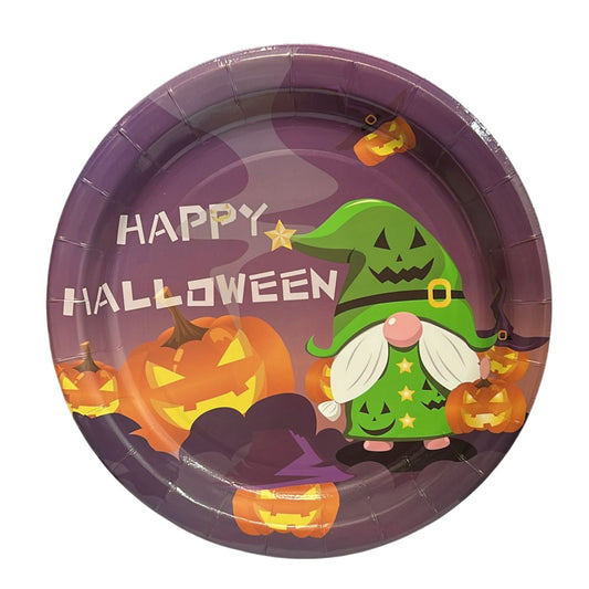 Halloween-themed paper plate with a gnome and pumpkins on a purple background
