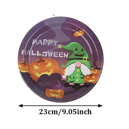 Halloween-themed paper plate with a green gnome, pumpkins, and the text 'Happy Halloween'.