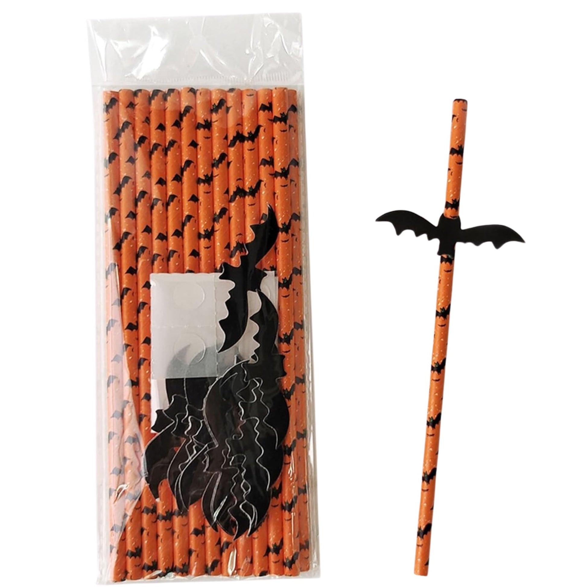 Halloween-themed paper straws with black bat designs in a clear package.