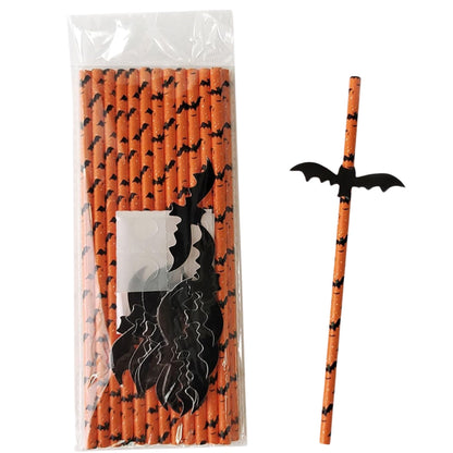 Halloween-themed paper straws with black bat designs in a clear package.