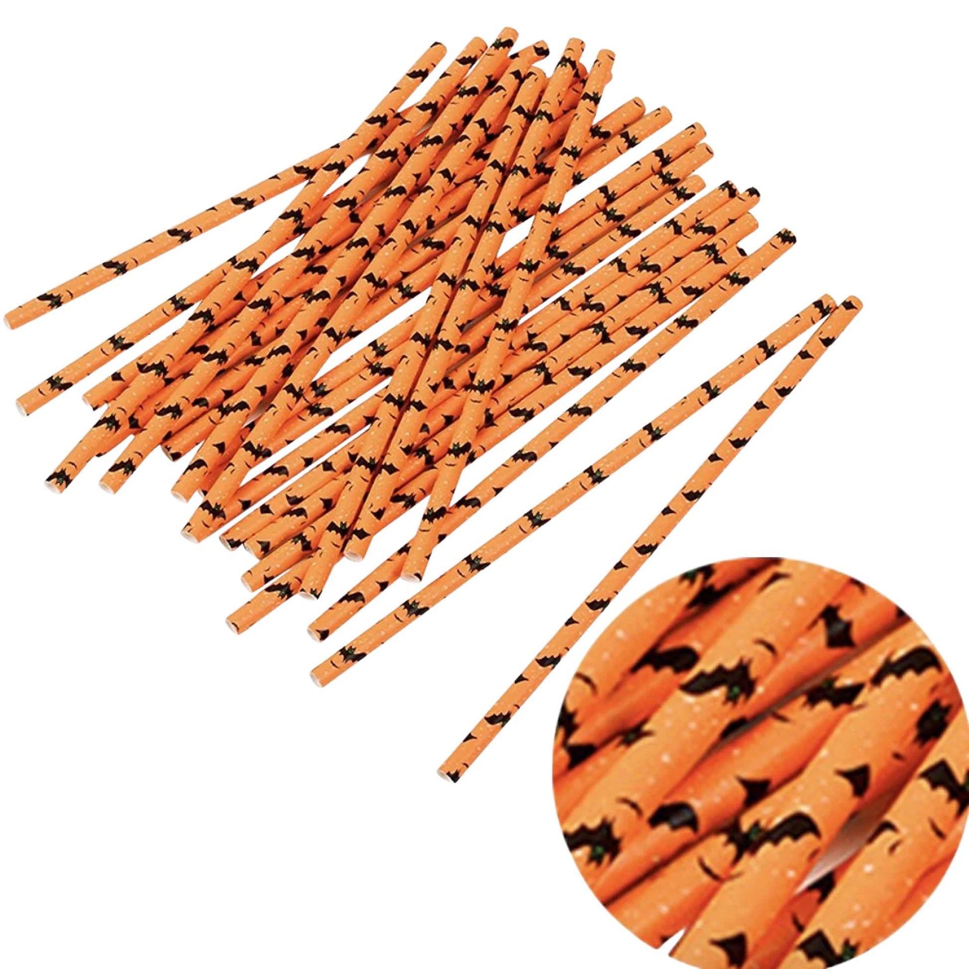 Orange straws with black bat pattern on a white background