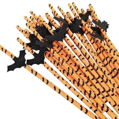 Halloween-themed paper straws with black bat designs on an orange background.