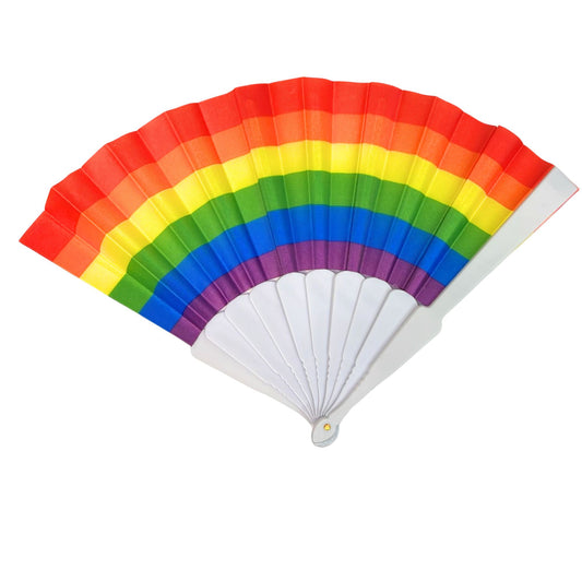Rainbow-colored hand fan on a white background