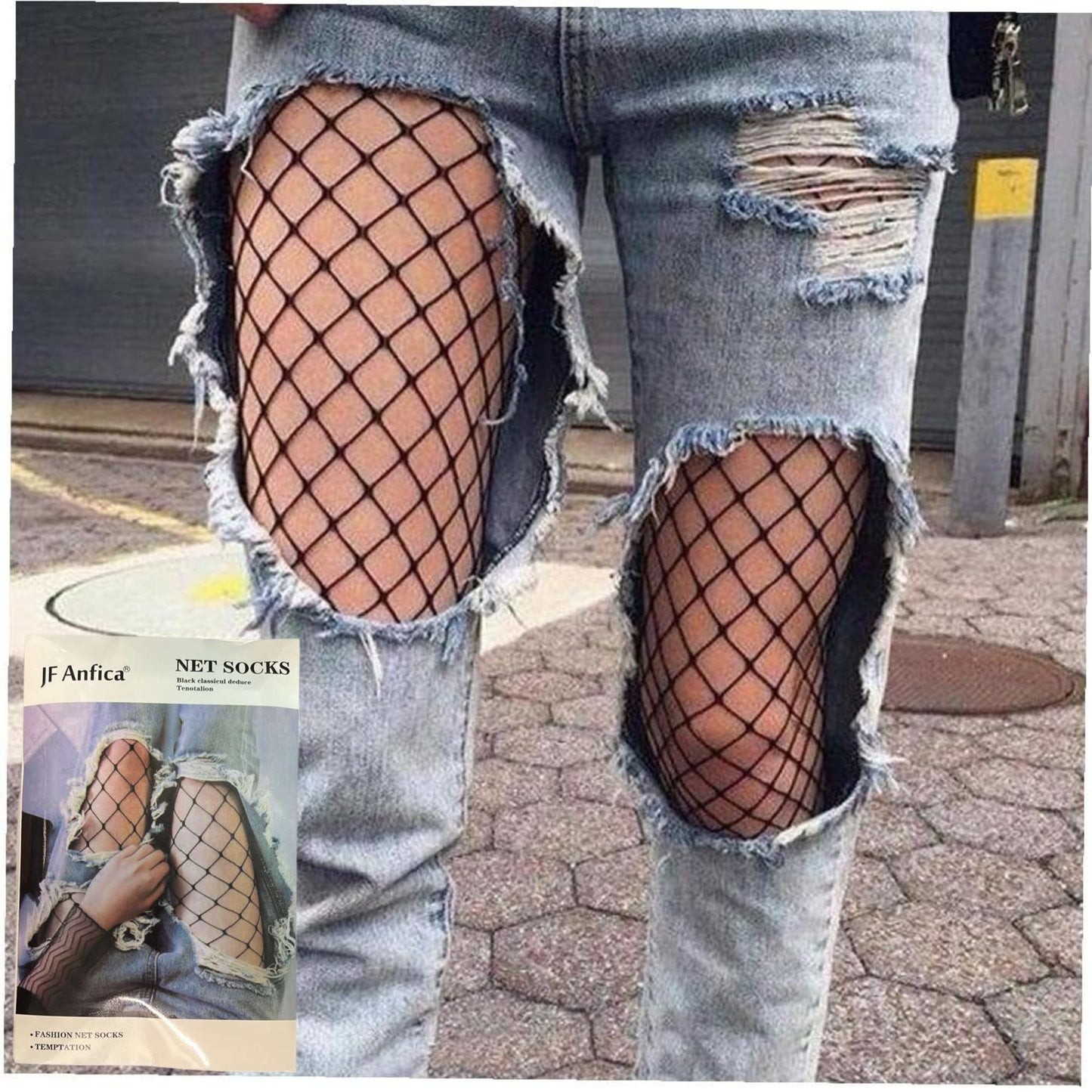 Person wearing ripped jeans with fishnet stockings, with a JF Anfisa product label.