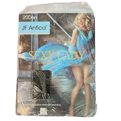 Packaged pantyhose with 'JF Antica' branding and a model in a blue dress.