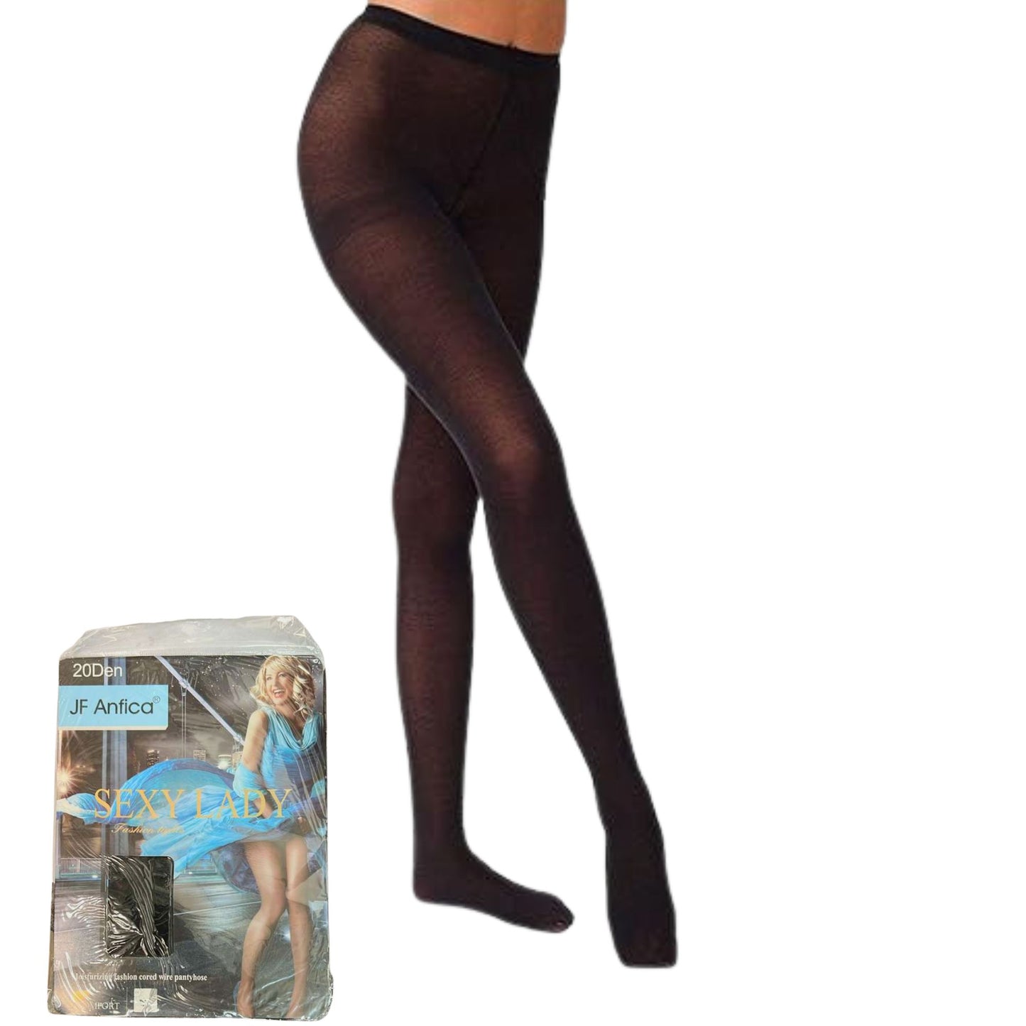 Black tights worn by a person with a JF Antica packaging box on a white background